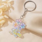 Personalised 3D Sculptured Foil Stamping Birth Flower Iridescent Acrylic Keychain with Name Daily Use Anniversary Birthday Gift for Women Girls