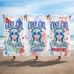 Personalised Cool Girl Statue of Liberty Quick Dry Oversized Beach Towel with Name Summer Travel Independence Day Holiday Gift for Women Girls