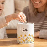 Personalised Birth Flower Ceramic Money Box Piggy Bank with Name Birthday Gift for Boys Girls