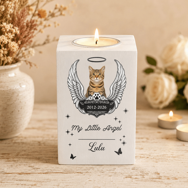 Personalized Angel Wings Paw Print  Pet Photo Wooden Candle Holder with Name and Year Loss of Pet Sympathy Memorial Gift for Pet Owners