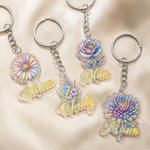Personalised 3D Sculptured Foil Stamping Birth Flower Iridescent Acrylic Keychain with Name Daily Use Anniversary Birthday Gift for Women Girls