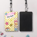 Personalized Smile Rainbow Checkerboard Pattern PU Leather ID Card Badge Holder with Badge Reel and Text Teacher's Day Back to School Gift for Teacher