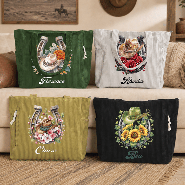 Personalized Cowboy Hat Horseshoe Birth Flower Birthstone Large Capacity Tote Bag with Name Daily Use Birthday Gift for Woman Cowgirl