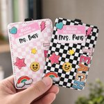 Personalized Smile Rainbow Checkerboard Pattern PU Leather ID Card Badge Holder with Badge Reel and Text Teacher's Day Back to School Gift for Teacher