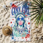 Personalised Cool Girl Statue of Liberty Quick Dry Oversized Beach Towel with Name Summer Travel Independence Day Holiday Gift for Women Girls