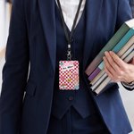 Personalized Smile Rainbow Checkerboard Pattern PU Leather ID Card Badge Holder with Badge Reel and Text Teacher's Day Back to School Gift for Teacher