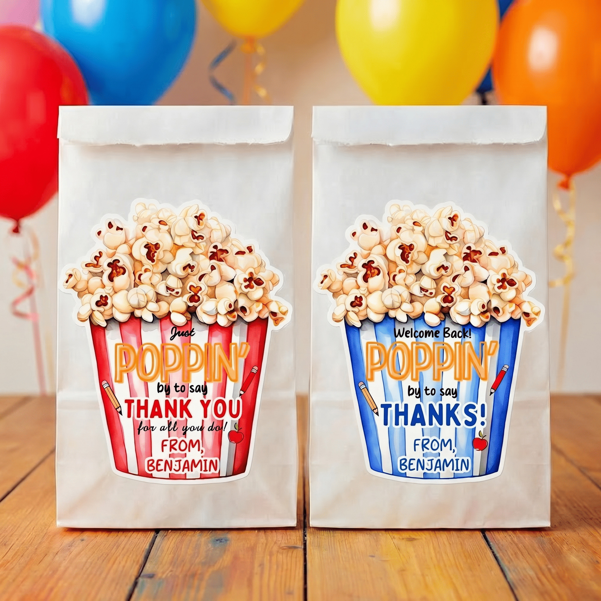 Personalisierte, selbstklebende „Popcorn Poppin“-Dankeschön-Aufkleber mit Namen – Dankeschön-Geschenk zum Schulanfang für Lehrer und Mitschüler