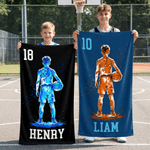 Personalised Basketball Player Silhouette Quick Dry Oversized Beach Towel with Name and Number Summer Holiday Travel Gift for Basketball Lover