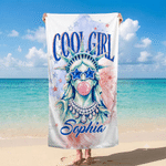 Personalised Cool Girl Statue of Liberty Quick Dry Oversized Beach Towel with Name Summer Travel Independence Day Holiday Gift for Women Girls