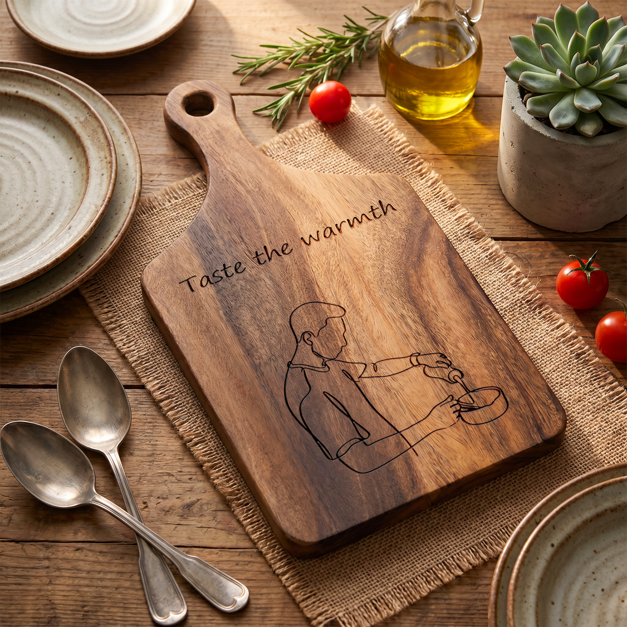 Personalisiertes, gesichtsloses Strichporträt auf einem Charcuterie-Schneidebrett mit Text – Küchendekoration, Geschenk zum Jahrestag oder Geburtstag für Paare