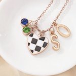 Personalized Birthstone Unique Heart Checkered Flag Racing Necklace with Initial Dainty Jewelry Car Race Birthday Gift for Women Racers Racing Lovers