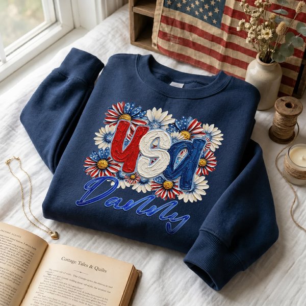 Personalised Multicolour American Oil Painting Daisy T-shirt Sweatshirt Hoodie with Name Daily Wear Birthday Independence Day Gift for Family Friends
