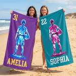 Personalised Basketball Player Silhouette Quick Dry Oversized Beach Towel with Name and Number Summer Holiday Travel Gift for Basketball Lover