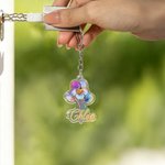 Personalised 3D Sculptured Foil Stamping Birth Flower Iridescent Acrylic Keychain with Name Daily Use Anniversary Birthday Gift for Women Girls