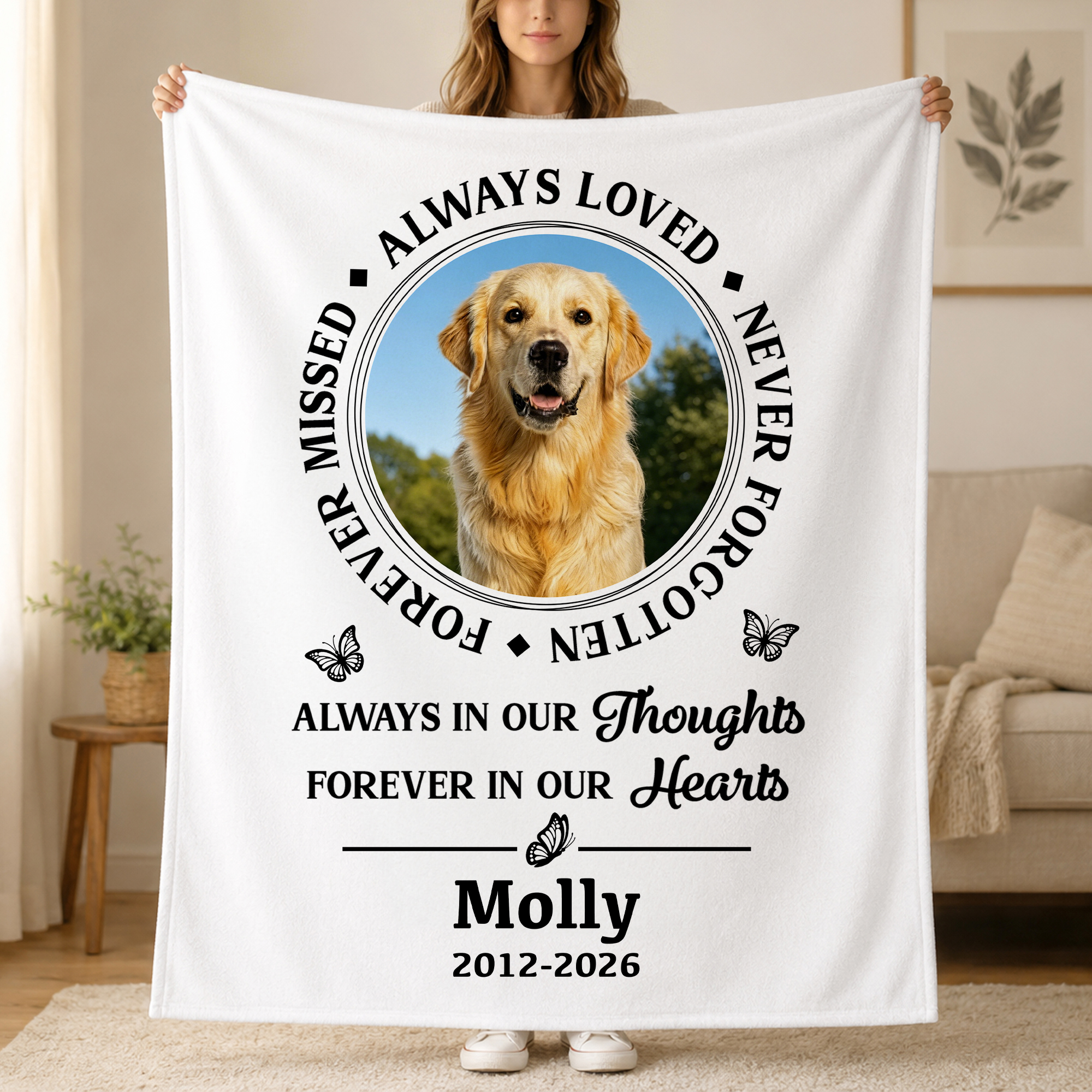 Personalisierte, weiche Kuscheldecke mit Foto, Namen und Jahr – „Für immer vermisst, immer geliebt, niemals vergessen“ – Gedenk- und Beileidsgeschenk für Tierhalter