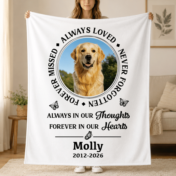 Personalised Forever Missed Always Loved Never Forgotten Soft Throw Blanket with Photo Name and Year Memorial Sympathy Gift for Pet Owner