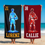 Personalised Basketball Player Silhouette Quick Dry Oversized Beach Towel with Name and Number Summer Holiday Travel Gift for Basketball Lover