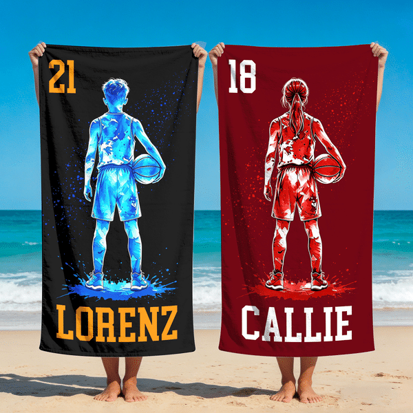 Personalised Basketball Player Silhouette Quick Dry Oversized Beach Towel with Name and Number Summer Holiday Travel Gift for Basketball Lover