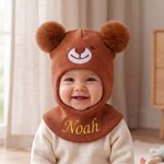 Personalized Cute Bear Ear Soft Knit Baby Mask Beanie Hat with Name Daily Wear Outdoor Activities Birthday Gift for Kids
