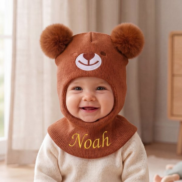 Personalized Cute Bear Ear Soft Knit Baby Mask Beanie Hat with Name Daily Wear Outdoor Activities Birthday Gift for Kids