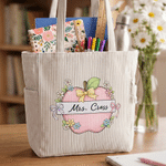 Personalized Pencil Apple Large Capacity Corduroy Tote Bag with Text Travel Essential Birthday Teacher's Day Gift for Teacher