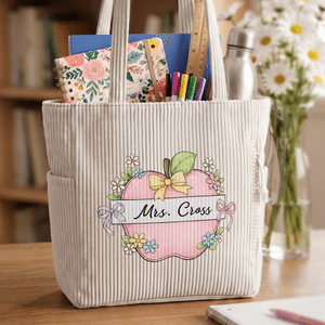 Personalized Pencil Apple Large Capacity Corduroy Tote Bag with Text Travel Essential Birthday Teacher's Day Gift for Teacher
