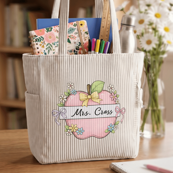 Personalized Pencil Apple Large Capacity Corduroy Tote Bag with Text Travel Essential Birthday Teacher's Day Gift for Teacher