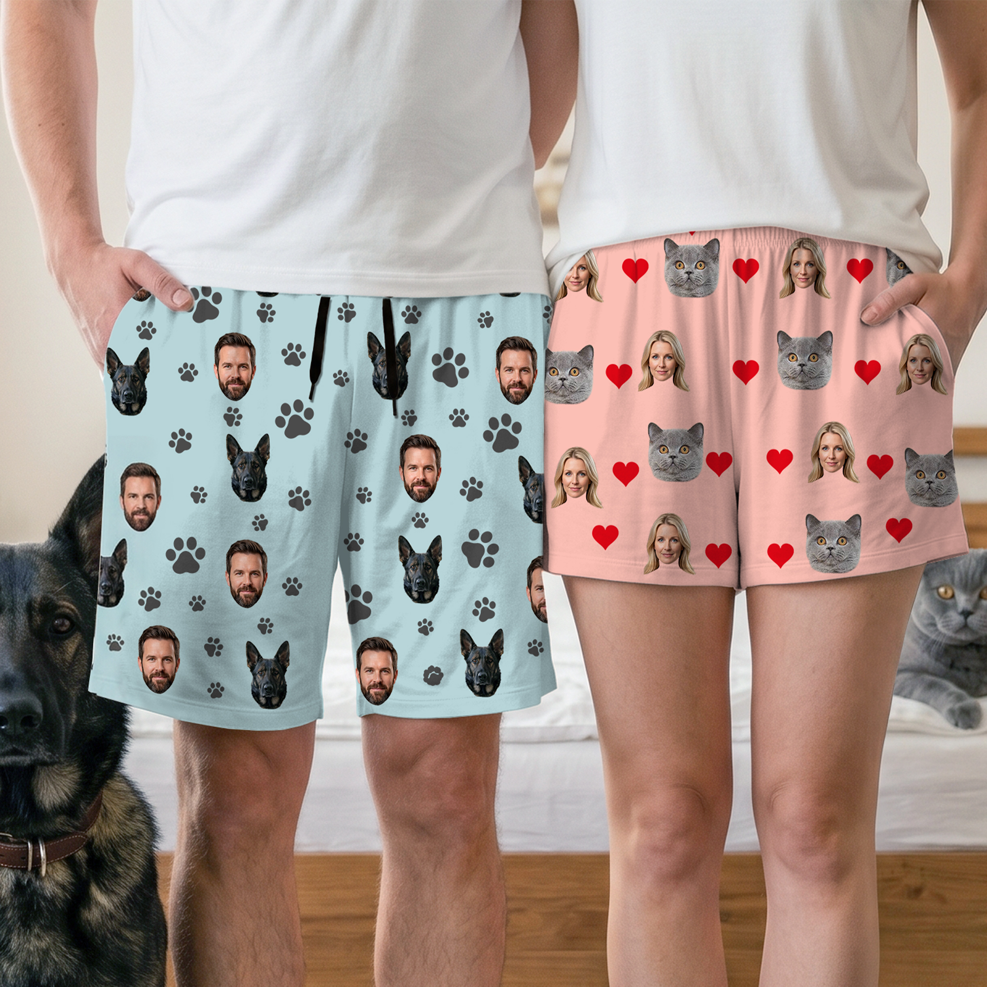 Personalisierte Pyjamahose mit Foto auf der Vorderseite im „Soft Paw Heart“-Design – ein Geburtstagsgeschenk für Familienmitglieder und Hunde- und Katzenliebhaber