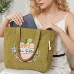 Personalized Pencil Apple Large Capacity Corduroy Tote Bag with Text Travel Essential Birthday Teacher's Day Gift for Teacher
