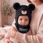 Personalized Cute Bear Ear Soft Knit Baby Mask Beanie Hat with Name Daily Wear Outdoor Activities Birthday Gift for Kids