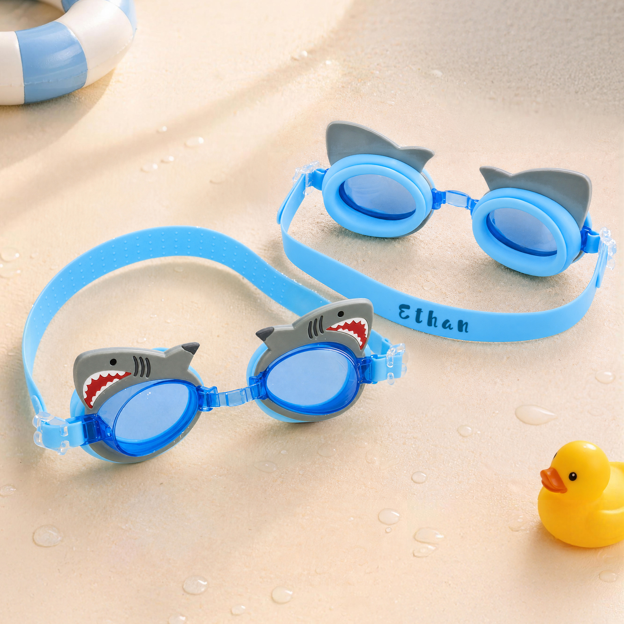 Personalisierte Kinder-Schwimmbrille | 3D-Cartoon-Motive mit Hai | Fisch Krabbe oder Einhorn | mit Namen | Sommer- und Strandgeschenk für Kinder