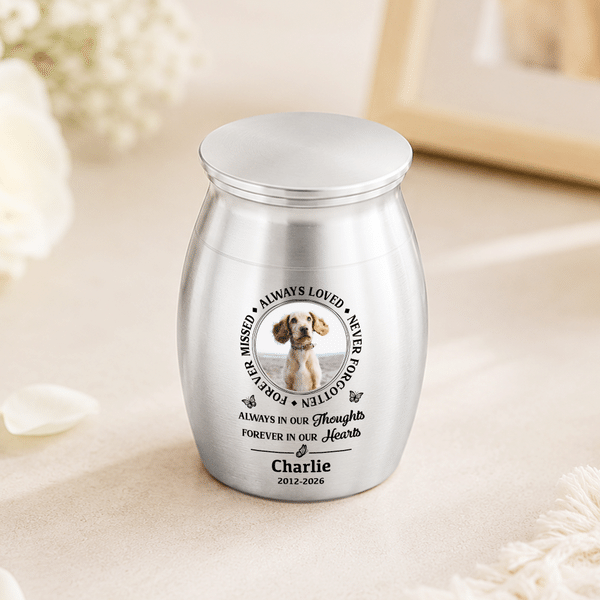 Personalized Always Loved Pet Photo Mini Pet Urn with Name Text and Year Pet Memorial Keepsake Gift for Pet Owner