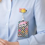 Personalized Smile Rainbow Checkerboard Pattern PU Leather ID Card Badge Holder with Badge Reel and Text Teacher's Day Back to School Gift for Teacher