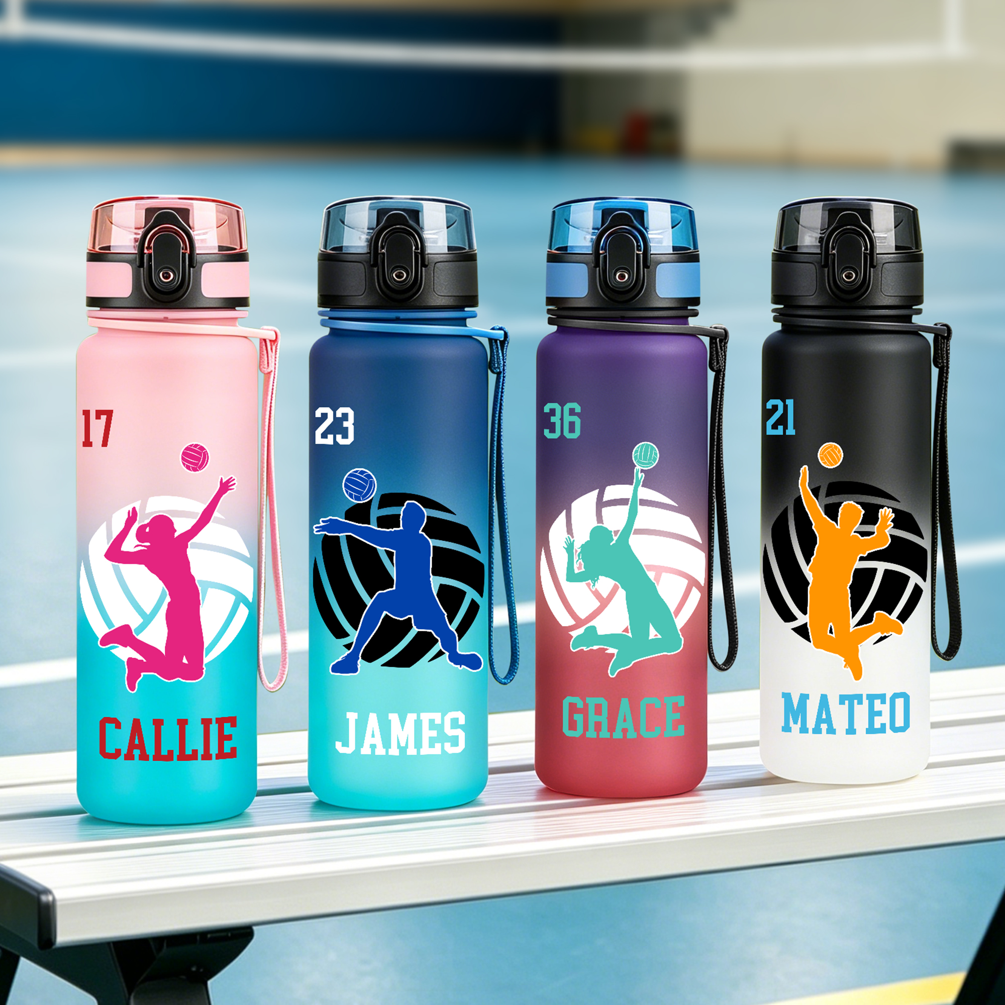 Personalisierte Sportflasche mit Volleyballspieler-Silhouette | mit Namen und Nummer | Geburtstagsgeschenk für Volleyball- und Sportliebhaber