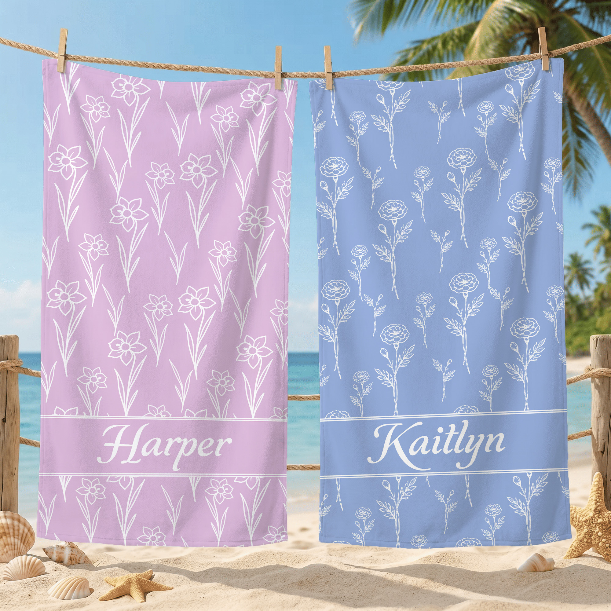 Individuell gestaltetes, mehrfarbiges Strandtuch mit Geburtsblume, schnell trocknend, übergroß, mit Namen – als Geschenk für Frauen, Freundinnen, für Reisen, Geburtstage, Sommerurlaub und den Alltag
