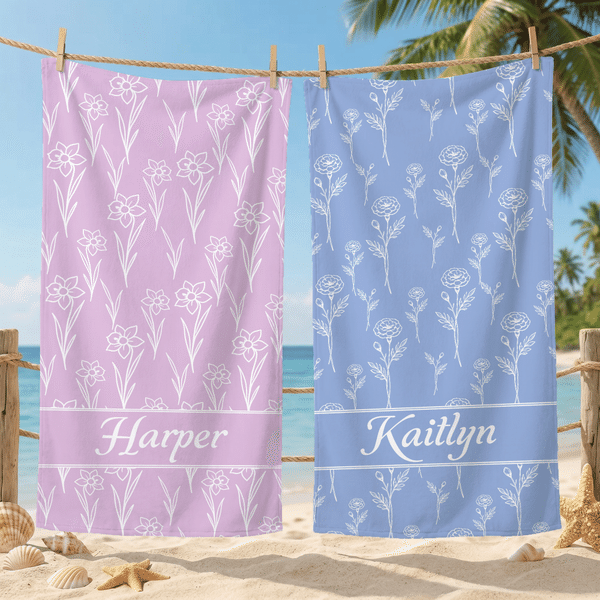 Personalised Multicolour Line Birth Flower Quick Dry Oversized Beach Towel with Name Travel Birthday Summer Holiday Daily Gift for Women Friends