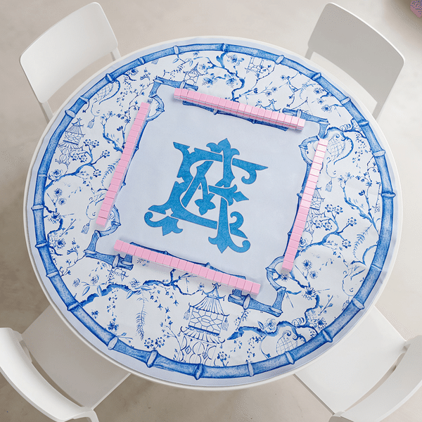 Personalized Chinoiserie Blue White Pagoda Floral Non-Slip Mahjong Mat with Letters and Storage Bag Game Accessory Birthday Gift for Mahjong Lover