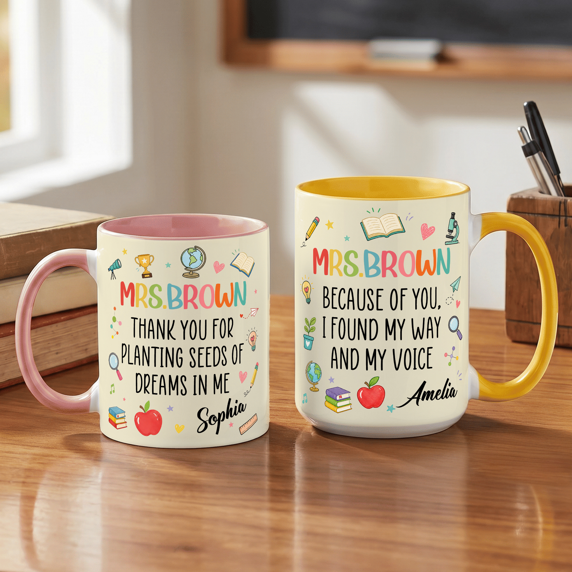 Personalisierte Schulmotive – Keramikbecher (11 oz / 15 oz) mit Namen und Text – Für den täglichen Gebrauch – Dankeschön zum Lehrertag – Geburtstagsgeschenk für Lehrer