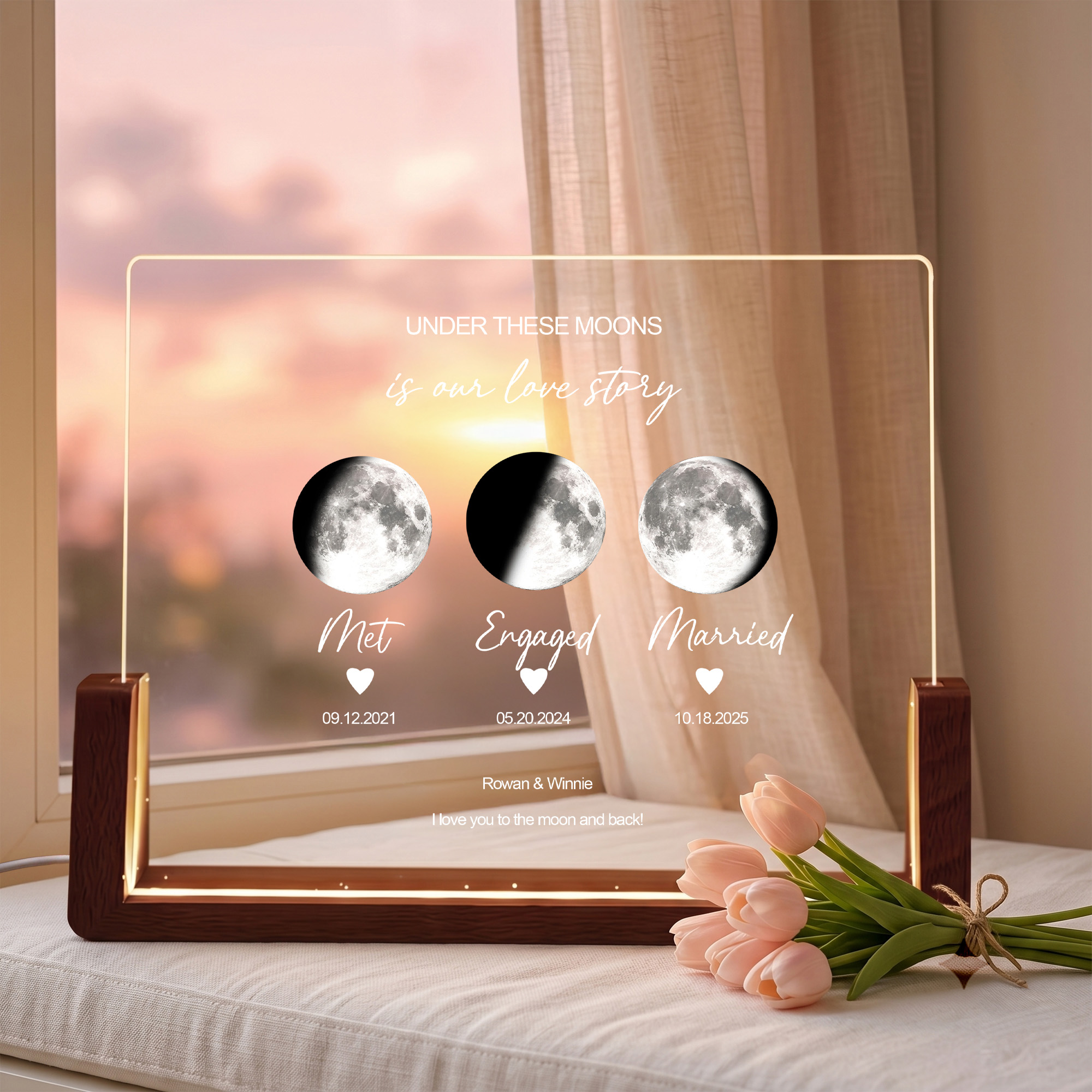 Luz nocturna LED personalizada con fases lunares, nombres, hora, fecha y nodo; decoración para el hogar; regalo de compromiso o de cumpleaños para parejas comprometidas