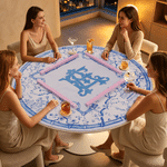 Personalized Chinoiserie Blue White Pagoda Floral Non-Slip Mahjong Mat with Letters and Storage Bag Game Accessory Birthday Gift for Mahjong Lover