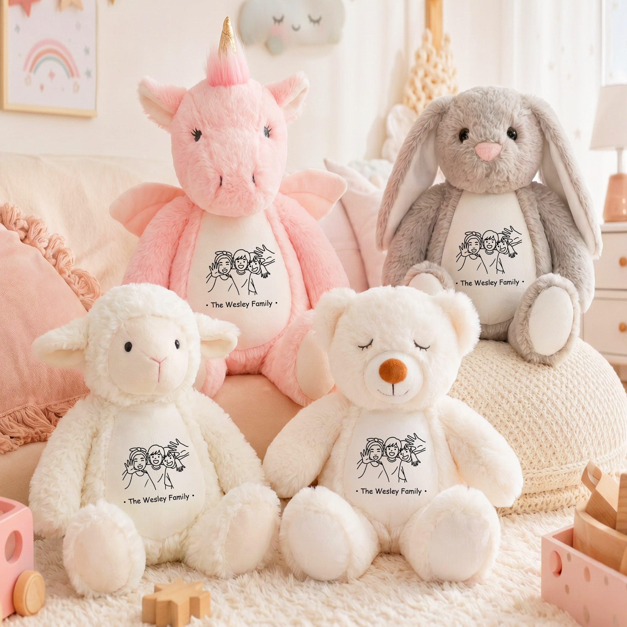 Personalisiertes Plüschtier im Line-Art-Stil: Schaf, Hase, Bär, Fantasiefigur, Einhorn – mit Text, für den täglichen Gebrauch, Geburtstagsgeschenk für die Familie