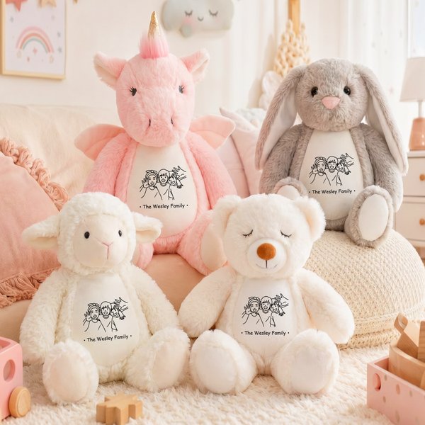 Personalised Line Art Style Photo Cartoon Sheep Bunny Bear Fantasy Unicorn Plush Toy with Text Daily Use Birthday Gift for Family
