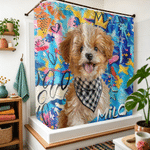 Personalized Graffiti Oil Painting Pet Photo Shower Curtain with Name and 12 Hooks Bathroom Decor Birthday Housewarming Gift for Pet Owner Lover