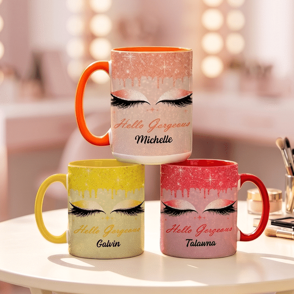 Personalized Hello Gorgeous Eyelash Design Ceramic Mug with Name and Coaster Birthday Gift for Her Best Friend
