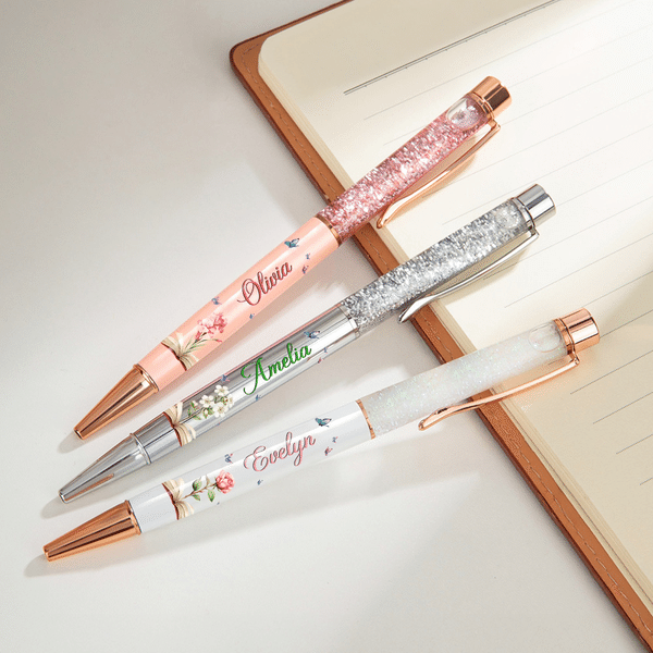 Livre personnalisé sur les fleurs de naissance, paillettes, sable liquide dynamique, lot de 2 stylos à bille avec prénom – Cadeau de fin d'études, d'anniversaire ou de mariage pour femmes, étudiantes 