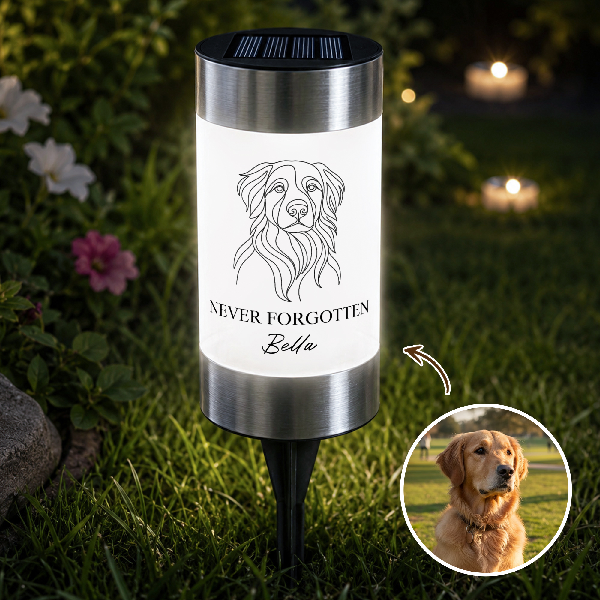 Individuell gestaltete Solar-Gartenleuchte im Strichstil mit Hunde- oder Katzenfoto, Namen und Text – Gartendekoration, Gedenkgeschenk, Beileidsgeschenk zum Verlust eines Haustiers – Geschenk für Tier