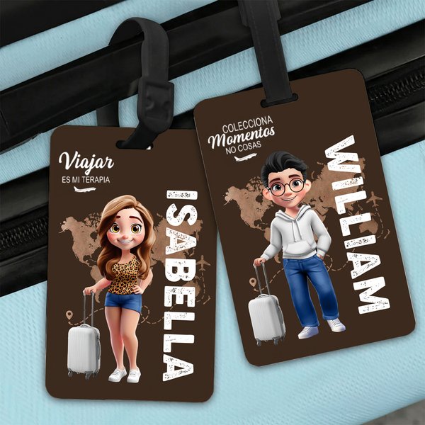 Etiqueta de equipaje personalizada con personaje de dibujos animados y nombre regalo de cumpleaños y viaje para familia o amantes del viaje