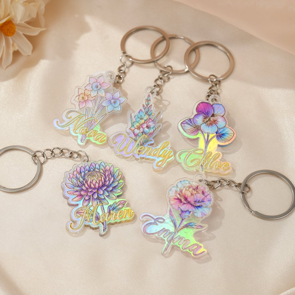 Personalised 3D Sculptured Foil Stamping Birth Flower Iridescent Acrylic Keyring with Name Daily Use Anniversary Birthday Gift for Women Girls 3