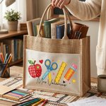 Personalised Faux Patchwork Style Large Capacity Classic Jute Tote Bag with Text Daily Use Holiday Teacher's Day Gift for Educators Teachers