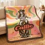Couverture légère personnalisée « Cowgirl vintage » avec photo, prénom et pompon – Décoration d'intérieur, cadeau d'anniversaire ou de mariage pour les femmes et les cowgirls